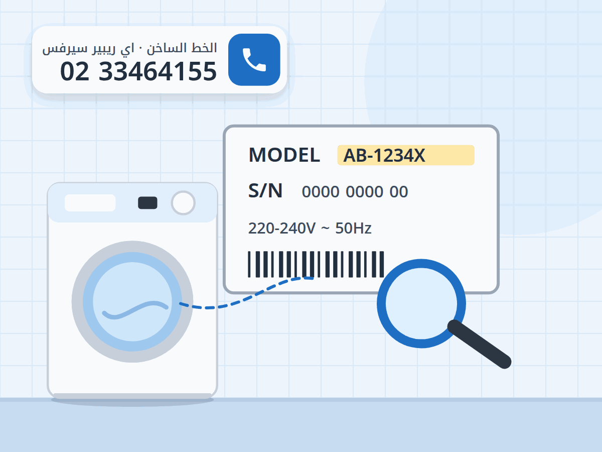 رسم توضيحي لملصق بيانات جهاز يوضح مكان رقم الموديل والرقم التسلسلي، والخط الساخن 0233464155