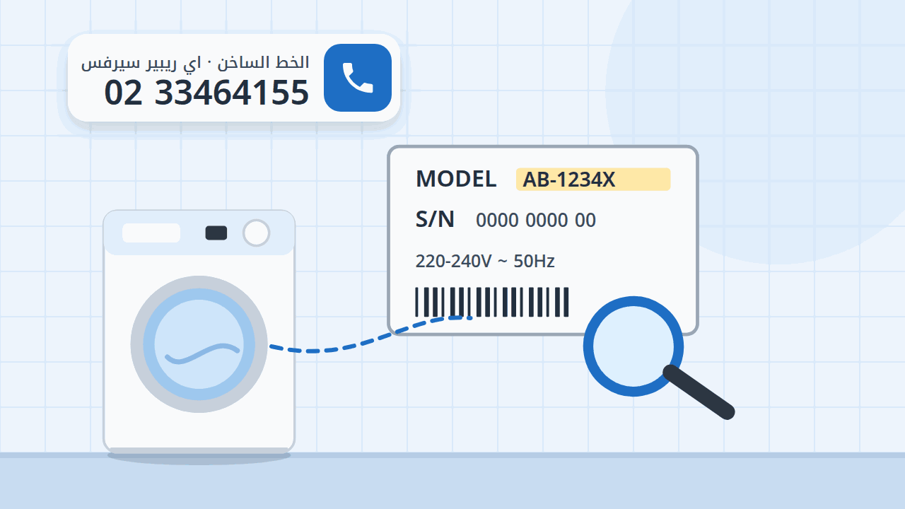 رسم توضيحي لغسالة وملصق بياناتها المكبّر برقم الموديل والرقم التسلسلي، والخط الساخن 0233464155
